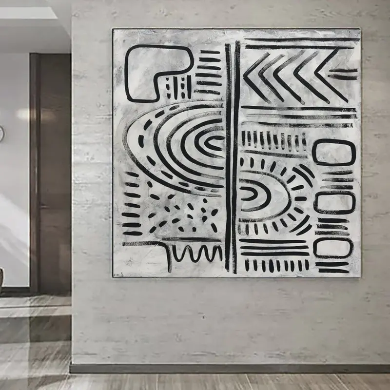 Large Black And White Painting on Canvas Wall Art Commissioned Painting Black and White Symbols Painting Contemporary Art Fre...