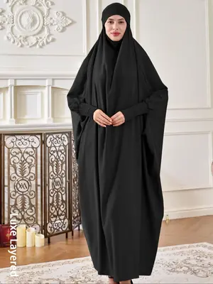Women's Solid Color Hooded Arabian Dress, Elegant Long Sleeve Muslim Dress for Daily Wear, Women's Islamic Clothing for All S...