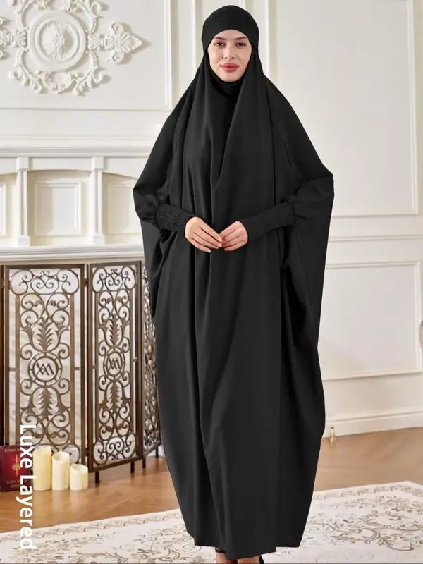 Women's Solid Color Hooded Arabian Dress, Elegant Long Sleeve Muslim Dress for Daily Wear, Women's Islamic Clothing for All S...