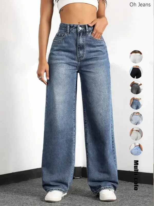 Women's Elastic Waist Pocket Button Denim Jeans, Casual Fashion Comfortable Pants for All Seasons, Perfect for Any Leisure Oc...