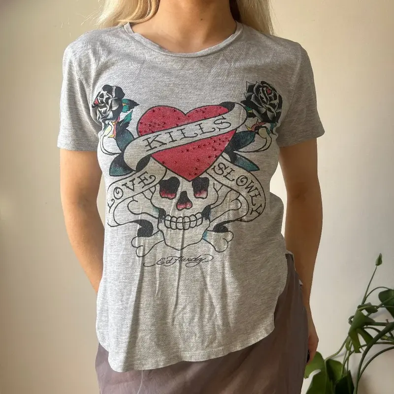 Ed Hardy Graphic T-Shirt - Medium Grey Cotton
