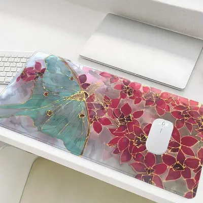 Butterfly & Flower Pattern Mouse Pad, Rectangle Gaming Mouse Pad, Office Desk Keyboard Mat, Non-Slip Rubber Base Stitched Edg...