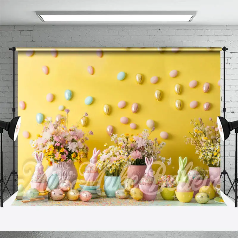 Yellow Wall Floral Gold Eggs Photo Easter Backdrop - Aperturee