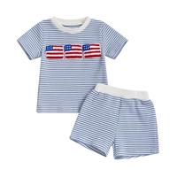 Baby Boy 4th of July Outfit Toddler American Flag Embroidery Striped Short Sleeve T Shirts Shorts Fourth of July Summer Waffl...