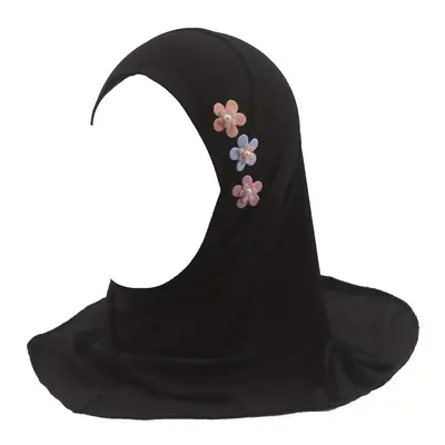 Elegant Black Malay-Style Girls' Hijab with Beautiful Floral Accents - Lightweight, Breathable Polyester, Adjustable Fit for ...