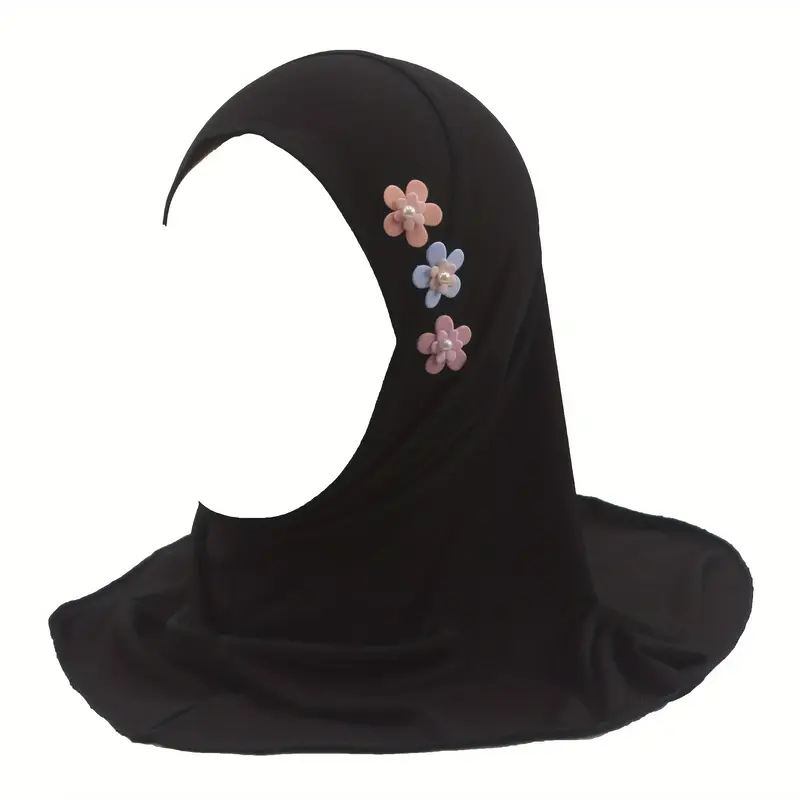 Elegant Black Malay-Style Girls' Hijab with Beautiful Floral Accents - Lightweight, Breathable Polyester, Adjustable Fit for ...