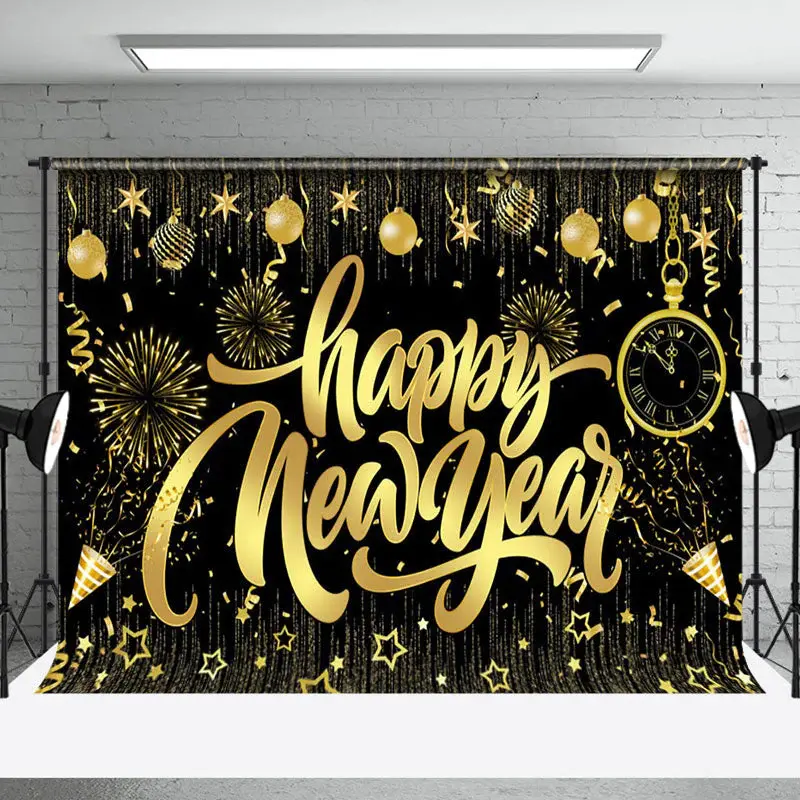 Star Baubles Decoration Black Gold New Year Backdrop - Aperturee