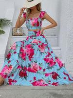 Women's Floral Print Crop Top & A-line Skirt Two-piece Set, Bohemian Elegant Fashion Casual Fitted Top & Skirt for Daily Outd...