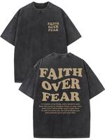 Faith Over Fear leisure T-shirt vintage washed street interlocking letters cotton T-shirt men's T-shirt made from old black w...