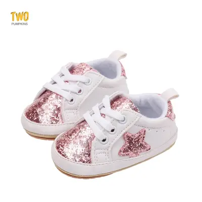 Toddler Girls Sneakers Contrast Color Sequins Shoelace Soft Sole Non-Slip Infant First Walking Shoes for Spring & Fall