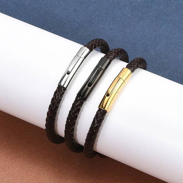 Ion Plating(IP) Braided Leather Cord Bracelets for Men