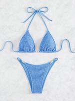 Two-Piece Set Women's Plain Textured Rhinestones Decor Bikini Sets, Bathing Suits Women, Casual Halter Tie Back Swim Top & Hi...