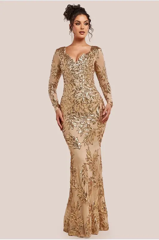 Goddiva Sequin Leaf Long Sleeve Maxi Dress - Gold