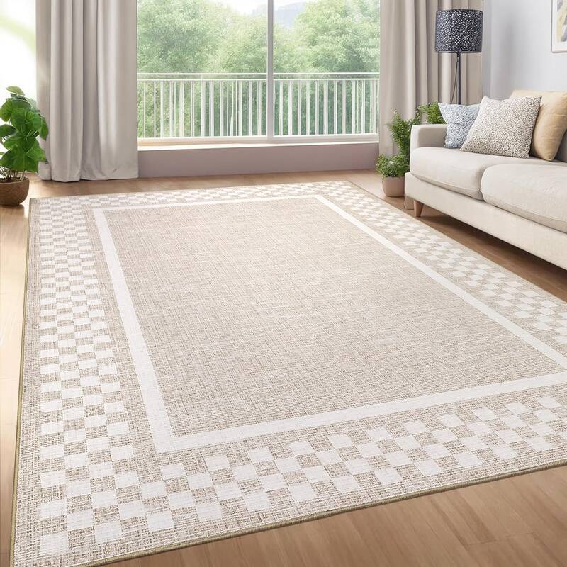 Garvee Area Rug 9x12 Modern Bordered Soft Low Pile Washable Non Slip Stain Resistant Beige for Living Room Bedroom
