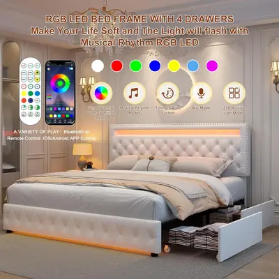 GEGOFORU Full Size LED Bed Frame with 4 Storage Drawers, Upholstered RGB Headboard with APP Remote Control and Music Sync, Ad...
