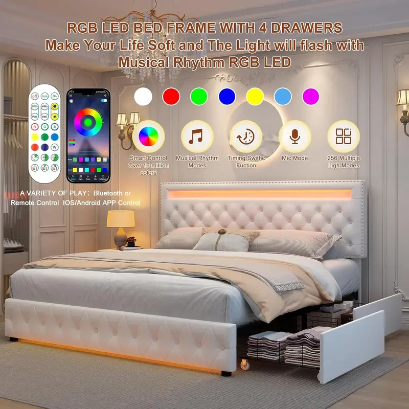 GEGOFORU Full Size LED Bed Frame with 4 Storage Drawers, Upholstered RGB Headboard with APP Remote Control and Music Sync, Ad...