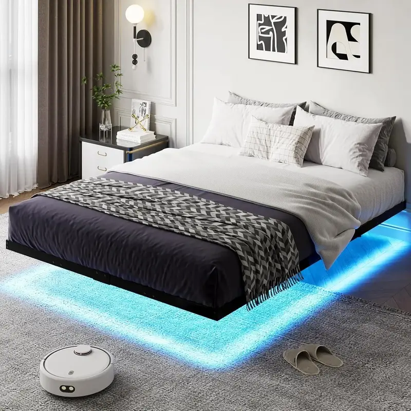 HOMBCK Floating Bed Frame with LED Lights,  No mattress, Metal Platform with Heavy Duty Steel Slats, No Box Spring Needed, E...