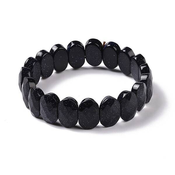 Synthetic Blue Goldstone Oval Beaded Stretch Bracelet