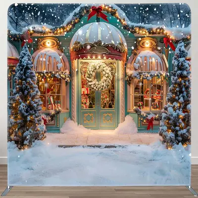 Winter Snowy Christmas Store Pillow Cover Backdrop - Aperturee