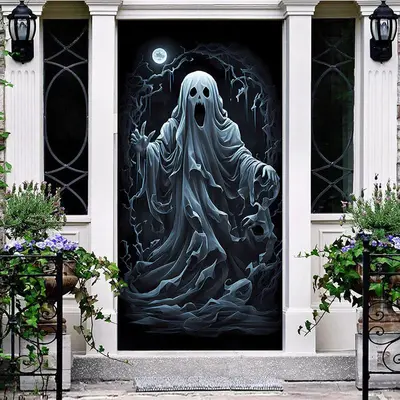 Scary White Ghost Moon Night Halloween Door Cover
