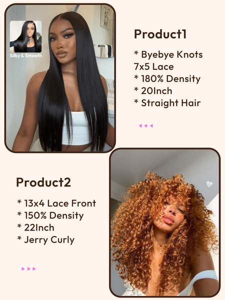 2 Wigs $229 for 13x4 Lace Front Ginger Brown Curly 22Inch and Byebye Knots 7x5 Lace Straight Hair 20Inch