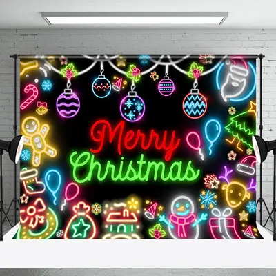 Cute Colorful Neon Black Merry Christmas Backdrop - Aperturee