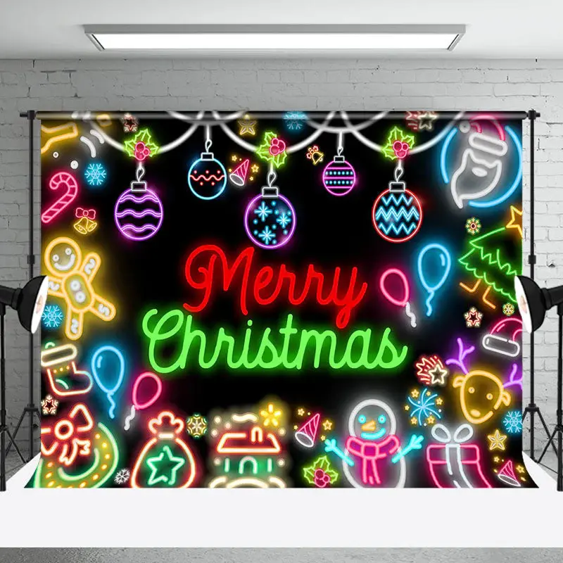 Cute Colorful Neon Black Merry Christmas Backdrop - Aperturee