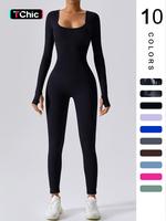 Women's Solid Ribbed Long Sleeve Second-skin Feel Tight-fitting Playsuit Tummy Control Jumpsuit for Fall, Workout Ribbed Body...