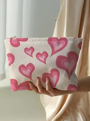 Heart Pattern Corduroy Makeup Bag, Large Capacity Zipper Cosmetic Storage Bag, Toiletry Bag for Women & Girls, Lightweight Mu...