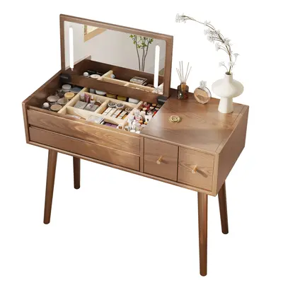 【Eco-Friendly】Elegant Handicraft Vanity, 100% Solid Wood - NO MDF, with Mirror and Lights, Dressing Vanity Table, Large W...