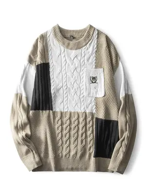 Men's Patchwork Print Embroidery Sweaters, Stylish Pocket Oversized Jumper, Men Knitwear Drippy Outfits for Fall Winter, Men ...
