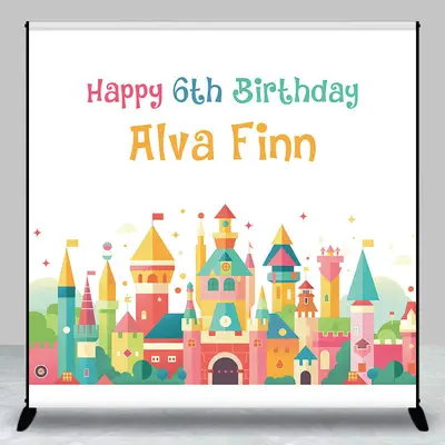 Cartoon Colorful Castle Happy 6th Birthday Backdrop - Aperturee