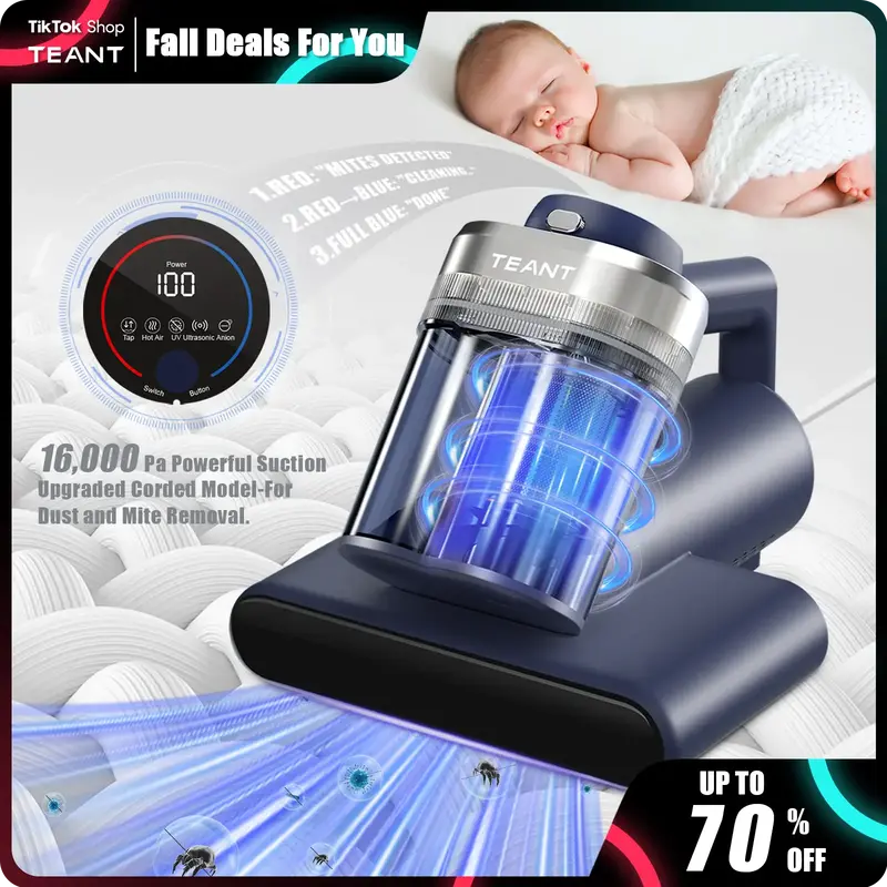 【2025 Teant】 Mattress Vacuum Cleaner for Dust Mites Removal, Bed Vacuum with UV-C Light & 149°F Hot Air & Aroma Tablet &...