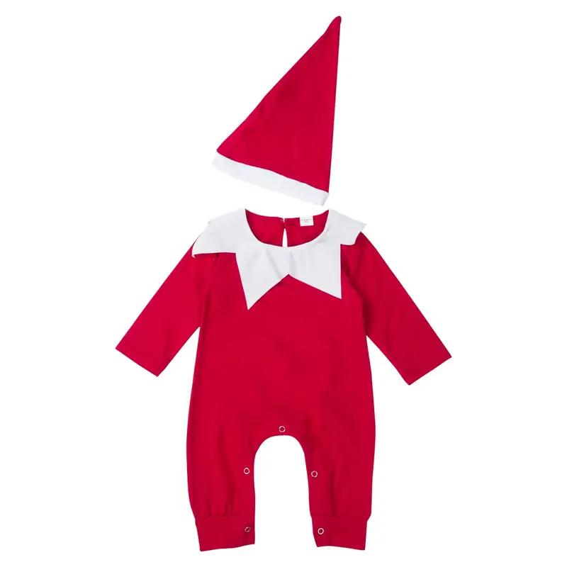 Newborn Baby Boy Girl Christmas Elf Costume Long Sleeve Doll Collar Snap Button Crotch Romper Bodysuit with Christmas Hat Out...