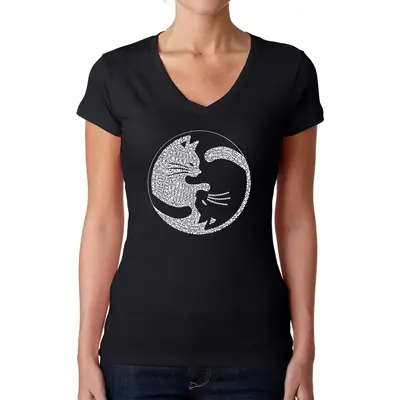 Yin Yang Cat - Women's Word Art V-Neck T-Shirt - Black - X-Large