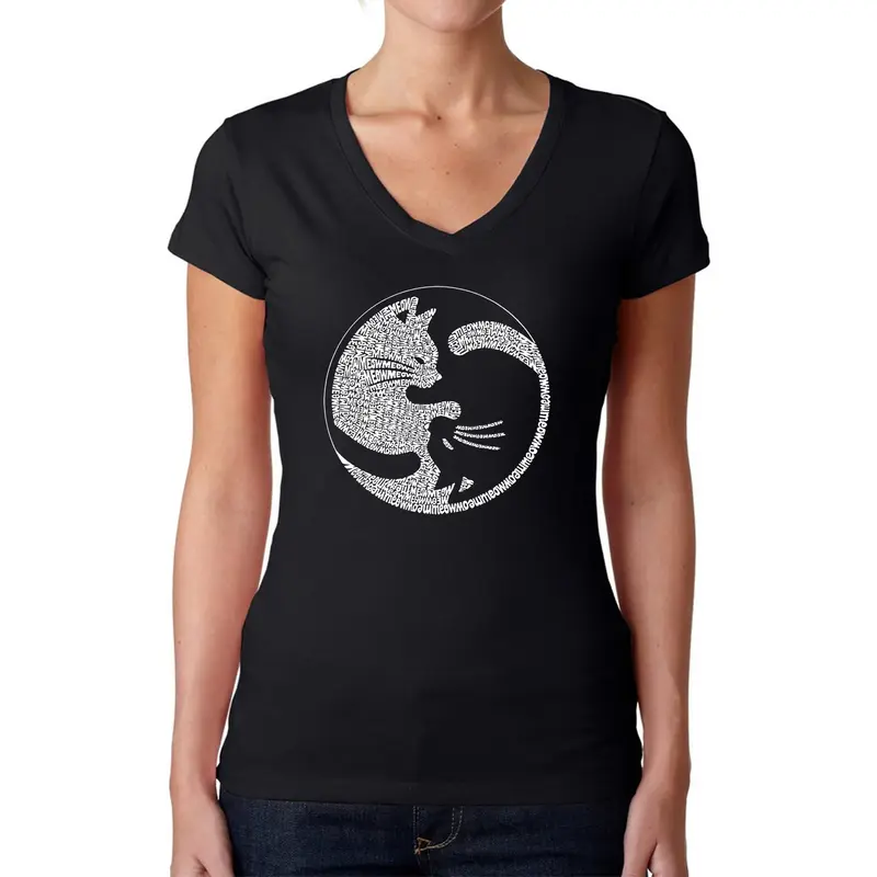 Yin Yang Cat - Women's Word Art V-Neck T-Shirt - Black - X-Large