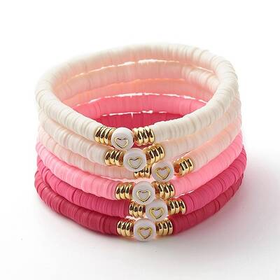 Handmade Polymer Clay Heishi Beads Stretch Bracelets Set with Heart Pattern Beads for Women
