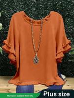 【Plus Size】 Fringe Trim Ruffle Layered Sleeve Tee, Casual Short Sleeve Round Neck T-shirt for Summer, Summer Tops, Women'...