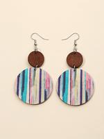 1 Pair Wooden Geometric Pattern Dangle Earrings, Dual Circle Wooden Pendant Earrings With Multicolor Pattern, Casual Jewelry ...