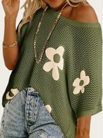 Women's Floral Pattern Crochet Sweater, Casual Half Sleeve Knit Top for Summer, Fashion Women's Knitwear for Daily Wear, Wome...