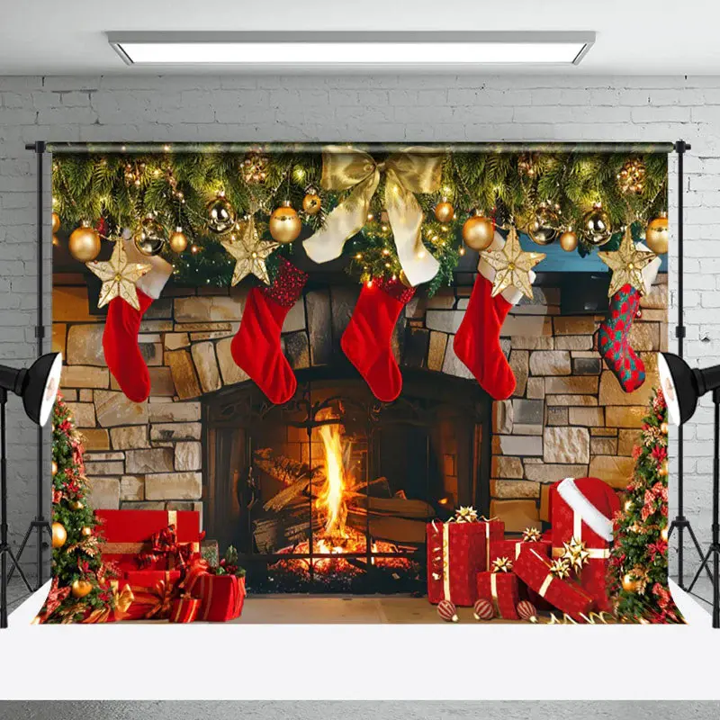 Aperturee Gold Bauble Red Socks Fireplace Gift Xmas Backdrop