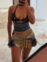 Two-piece Set Women's Halter Neck Crop Top & Tie Dye Print Ruffle Hem Skirt, Backless Cut Out Top & High Waist Skirt, Ladies ...