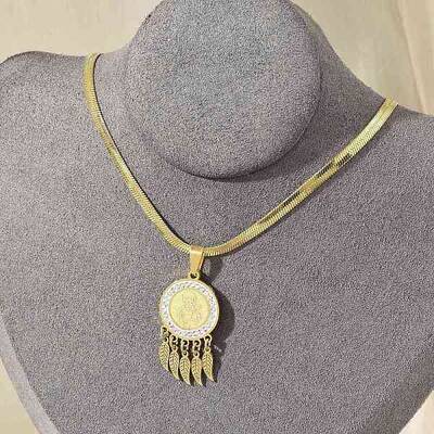 304 Stainless Steel Clear Cubic Zirconia Flat Round Virgin with Feather Pendant Necklaces