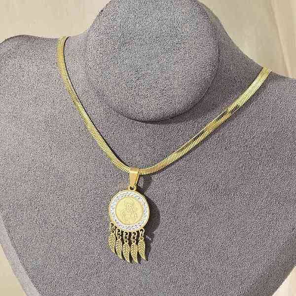 304 Stainless Steel Clear Cubic Zirconia Flat Round Virgin with Feather Pendant Necklaces
