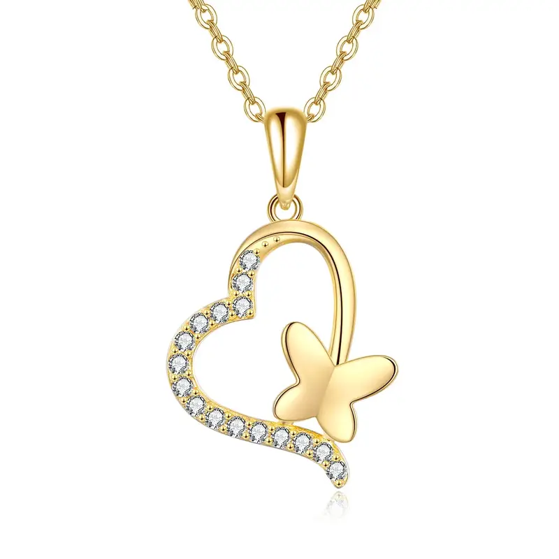 14K Gold Cubic Zirconia Butterfly & Heart Pendant Necklace