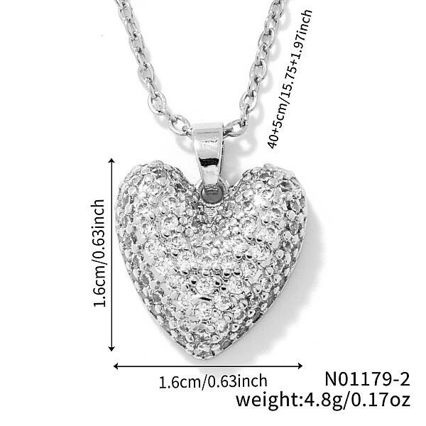 Elegant Romantic Heart Brass Micro Pave Clear Cubic Zirconia Pendant Necklace for Women