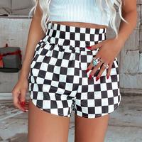 Shewin Fashion Casual Women Comfort Womenswear Trendy Summer Black Checkered Plaid Print High Waist Flattering Fit Bottoms Sh...