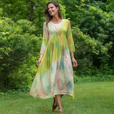 3/4 Sleeve Earth & Flower Midi Dress - Purple & Teal - M