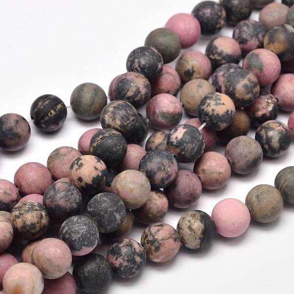 Frosted Natural Rhodonite Round Bead Strands