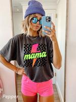 Comfort Colors Retro Checkered Mom, Mothers Day Gift Neon Mama Shirt, Checkered Mama Shirt, Lightning Shirt, Gift For Mom, Mo...